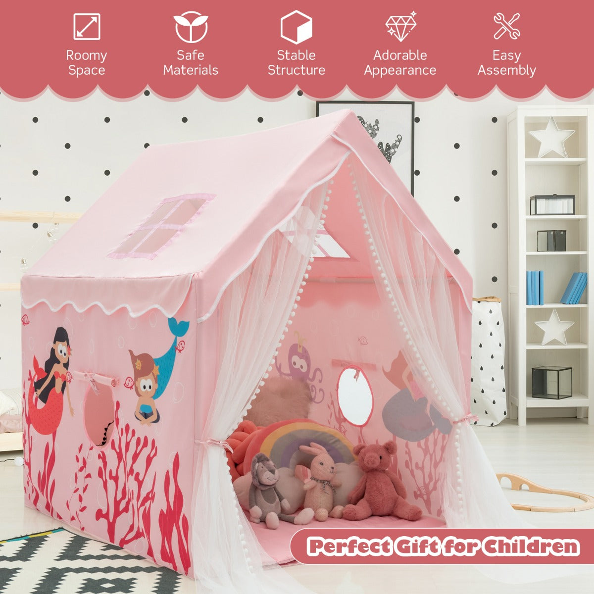 Large Kids Play Tent with Removable Padded Mat &amp; Gauze Door Curtain-Pink