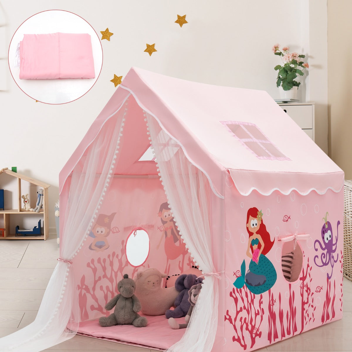 Large Kids Play Tent with Removable Padded Mat &amp; Gauze Door Curtain-Pink