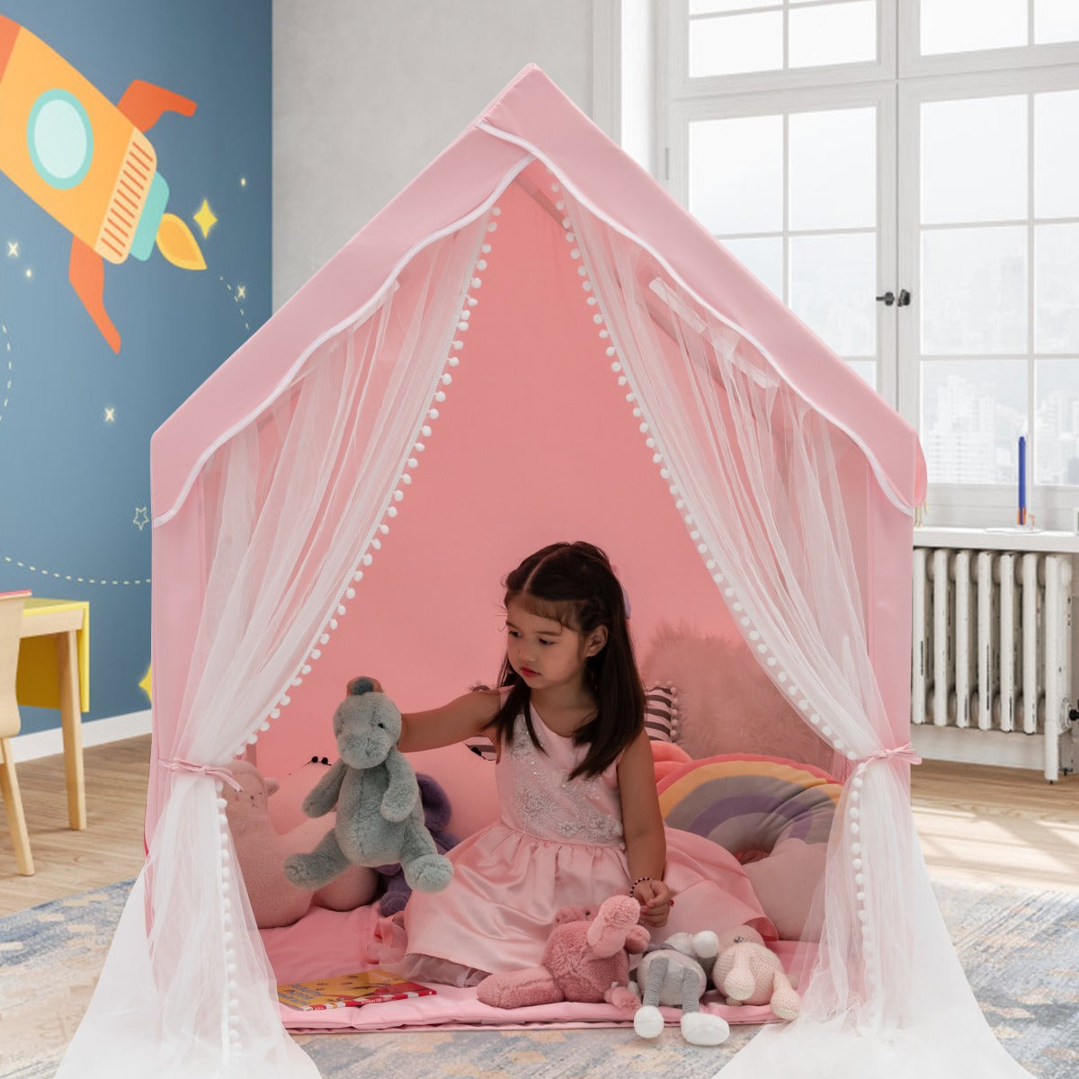 Large Kids Play Tent with Removable Padded Mat &amp; Gauze Door Curtain-Pink