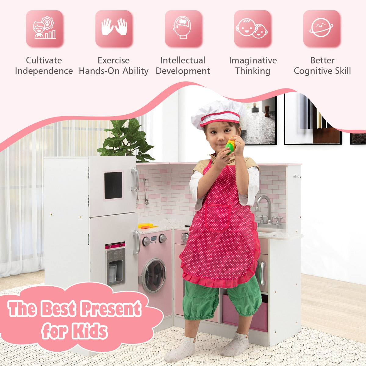 Costway Kids Kitchen Pretend Play Set with Cookware & Apron