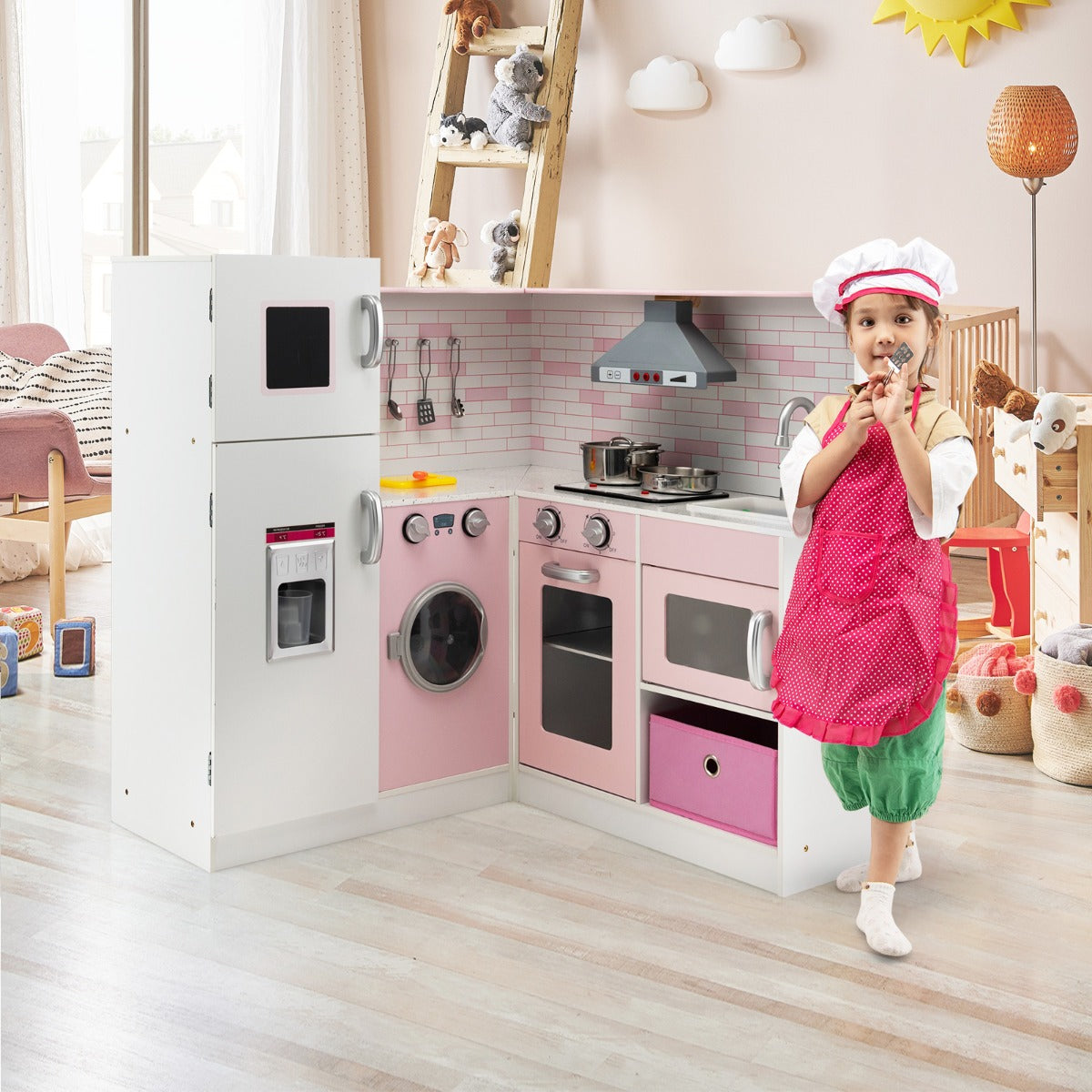 Costway Kids Kitchen Pretend Play Set with Cookware & Apron