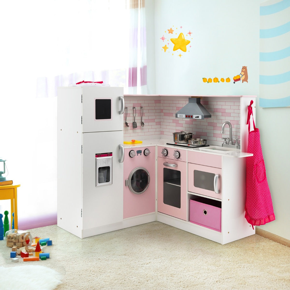 Costway Kids Kitchen Pretend Play Set with Cookware & Apron