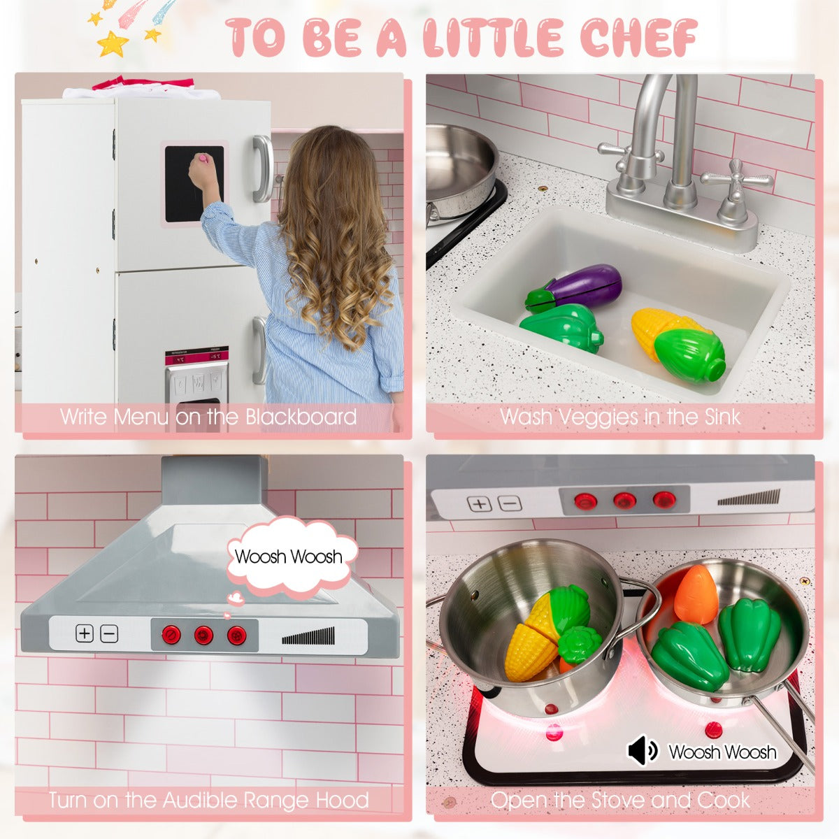 Costway Kids Kitchen Pretend Play Set with Cookware & Apron
