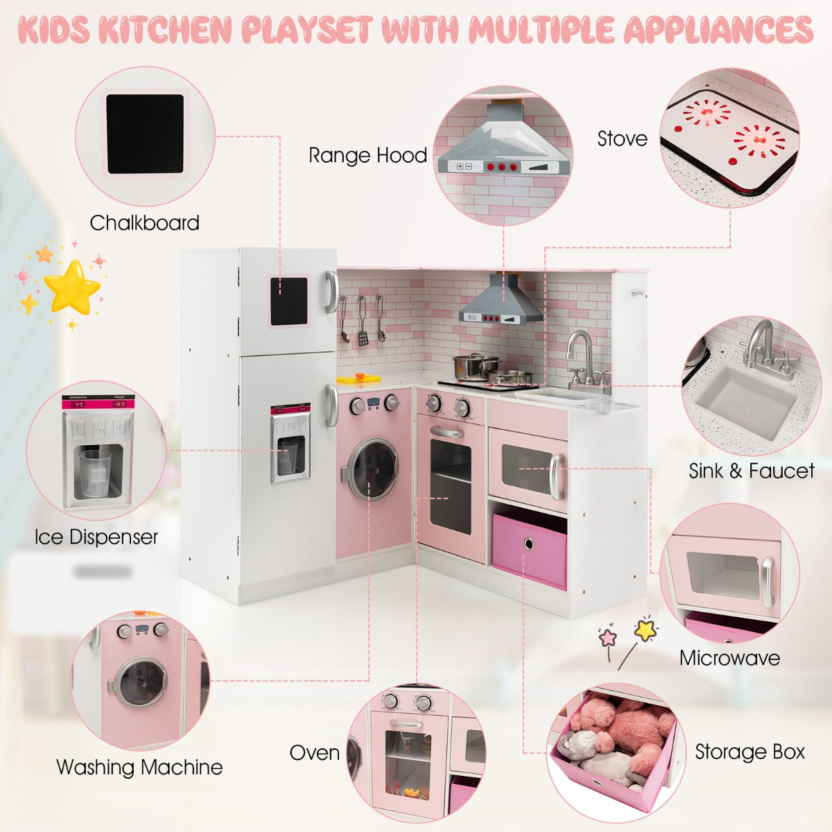 Costway Kids Kitchen Pretend Play Set with Cookware & Apron