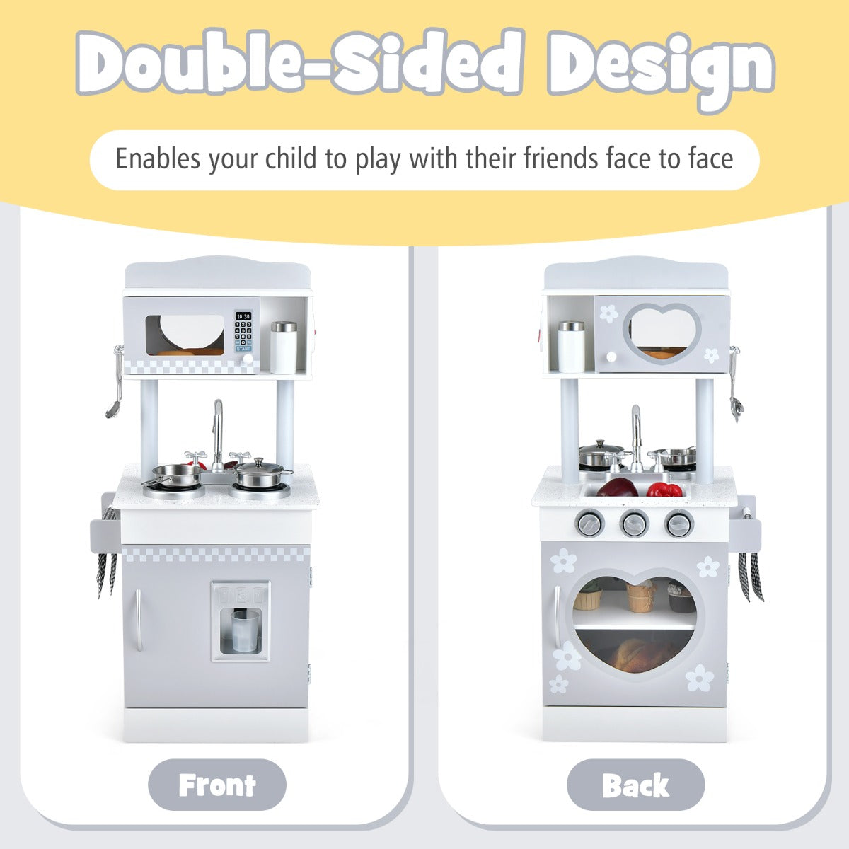 Double-Sided Kid's Play Kitchen with Cooking Sets for Toddlers Ages 3 +