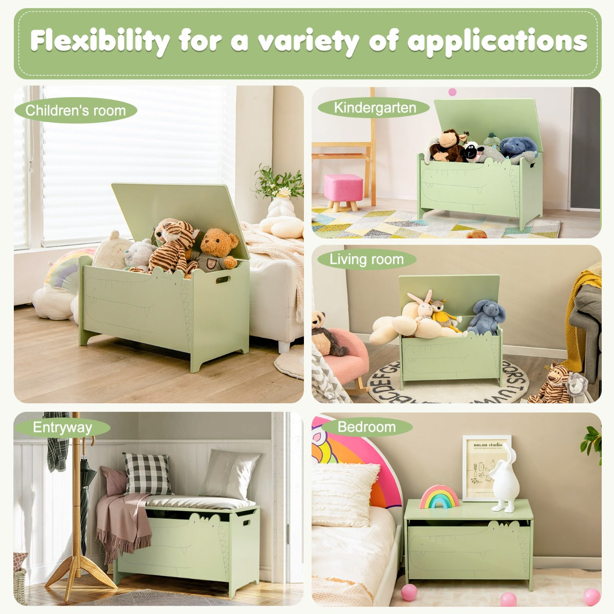 Costway Kids Toy Box with Safety Hinge Wood Storage Chest Flip-Top Storage Organizer-Green