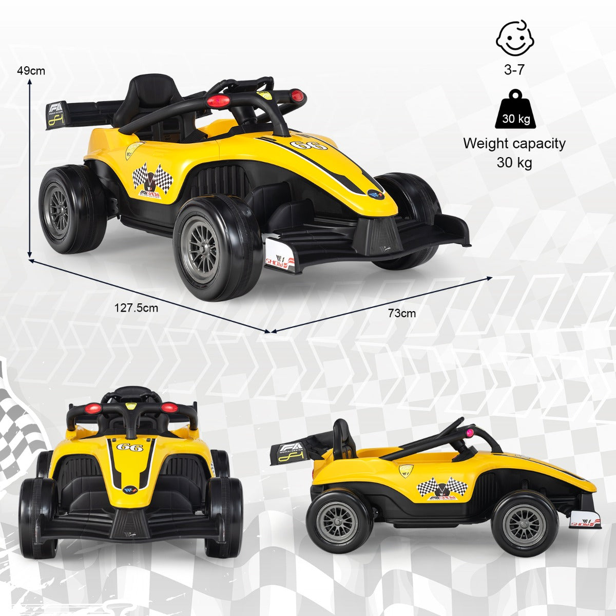 Cool racing-themed kids ride-on truck with bright headlights, tail lights, horn, and sporty styling