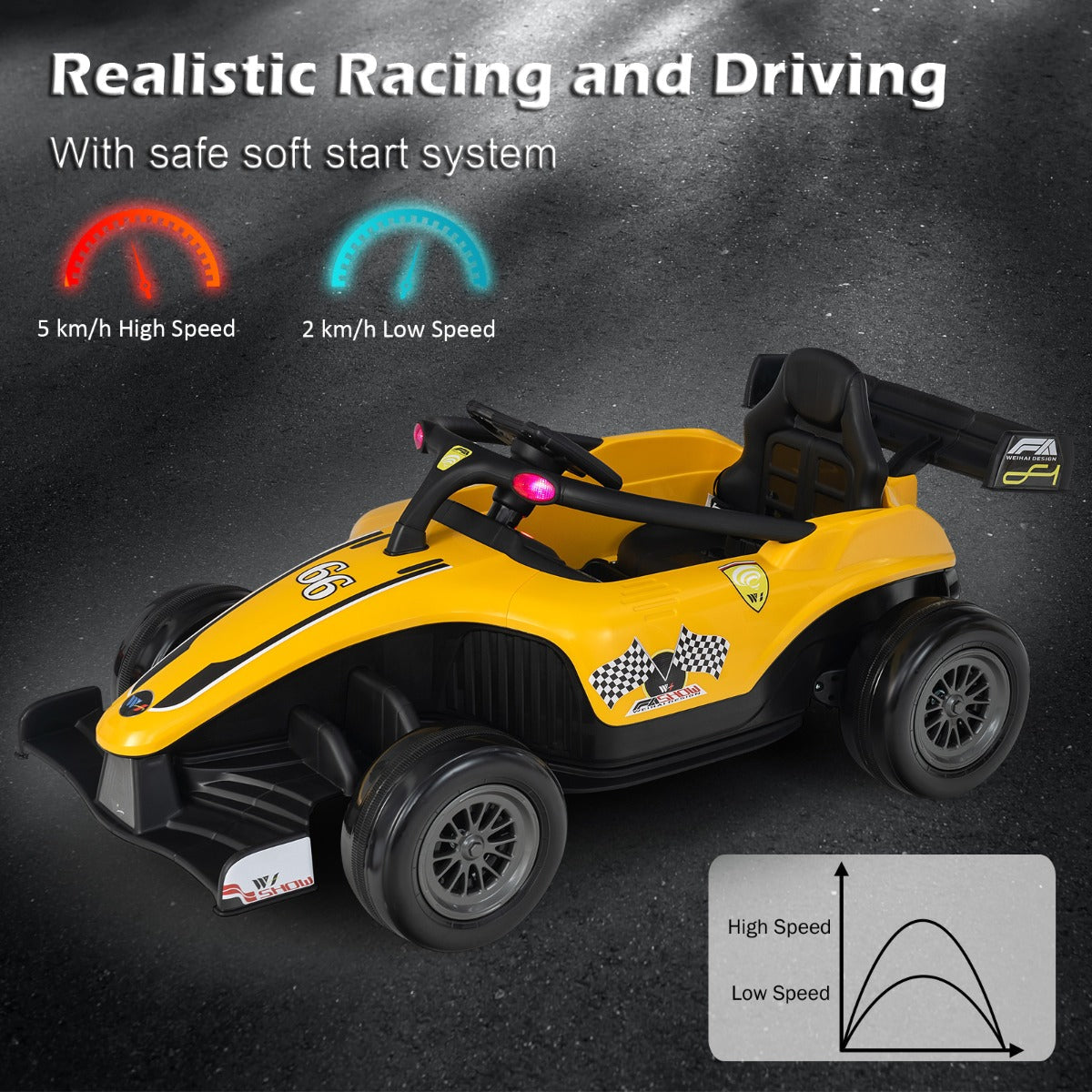 Kids ride-on truck with manual pedal steering and parental remote control featuring three speed options