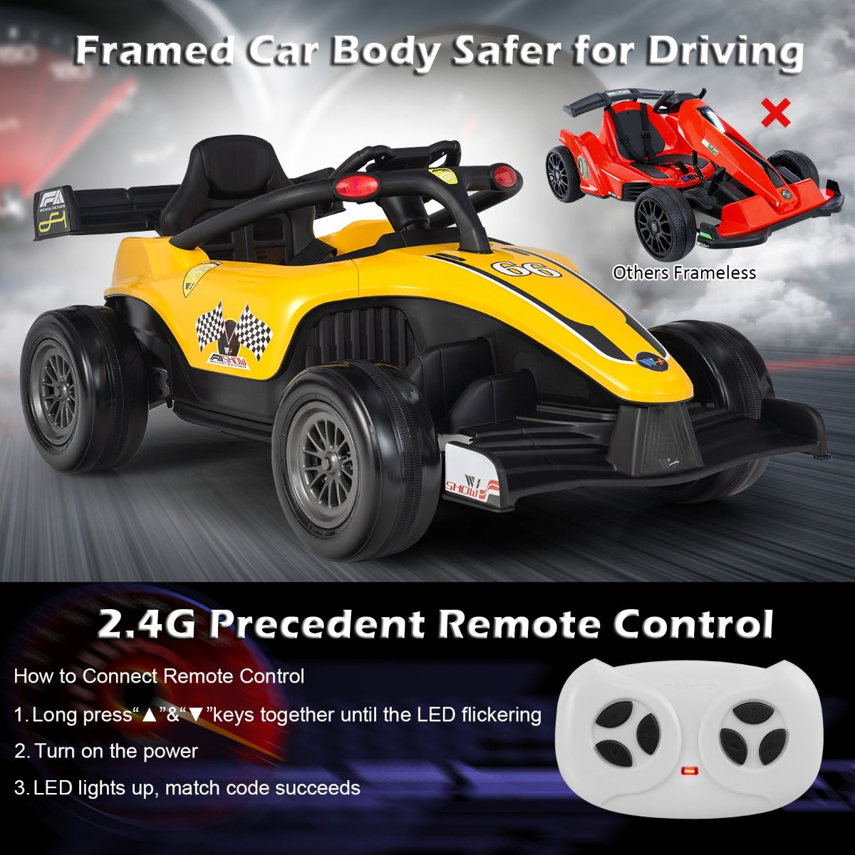 Sporty kids ride-on vehicle with two manual speeds, durable wheels, and comfortable safe seating