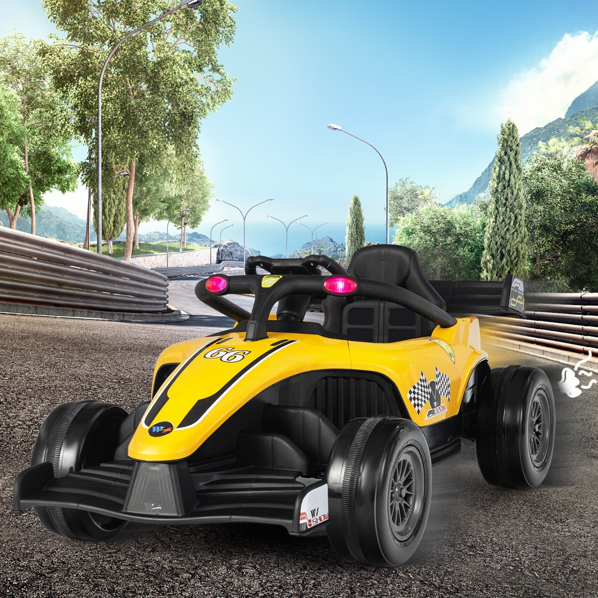 Shock-absorbing rear wheels provide a smooth ride on tar, stone, cement, and other flat roads