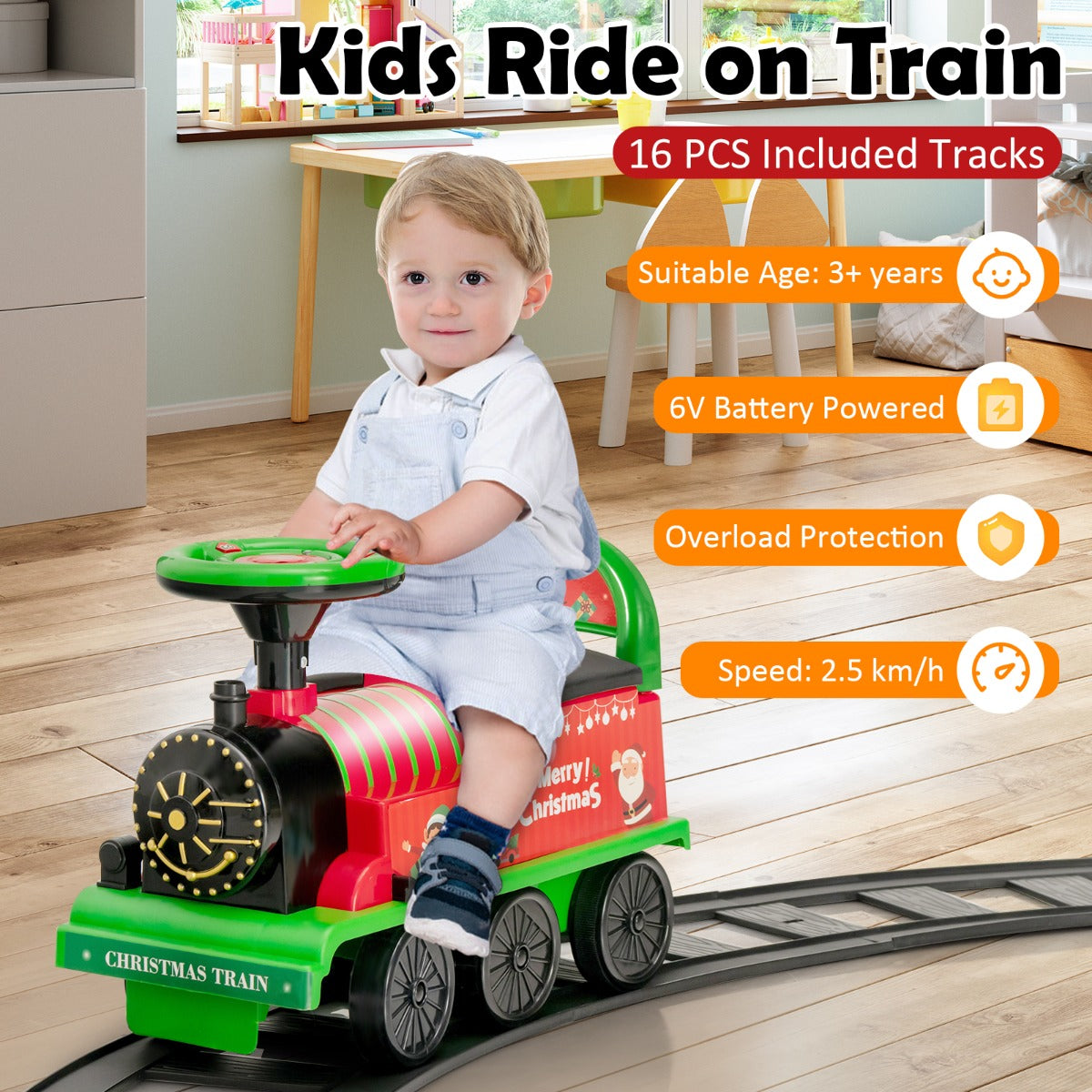 6V Electric Kids Ride On Train Toy with Track &amp;amp; 6 Wheels-Green