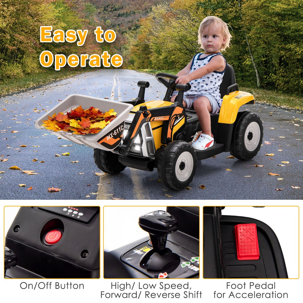 12V Kids Ride on Excavator with Adjustable Arm and Bucket-Yellow