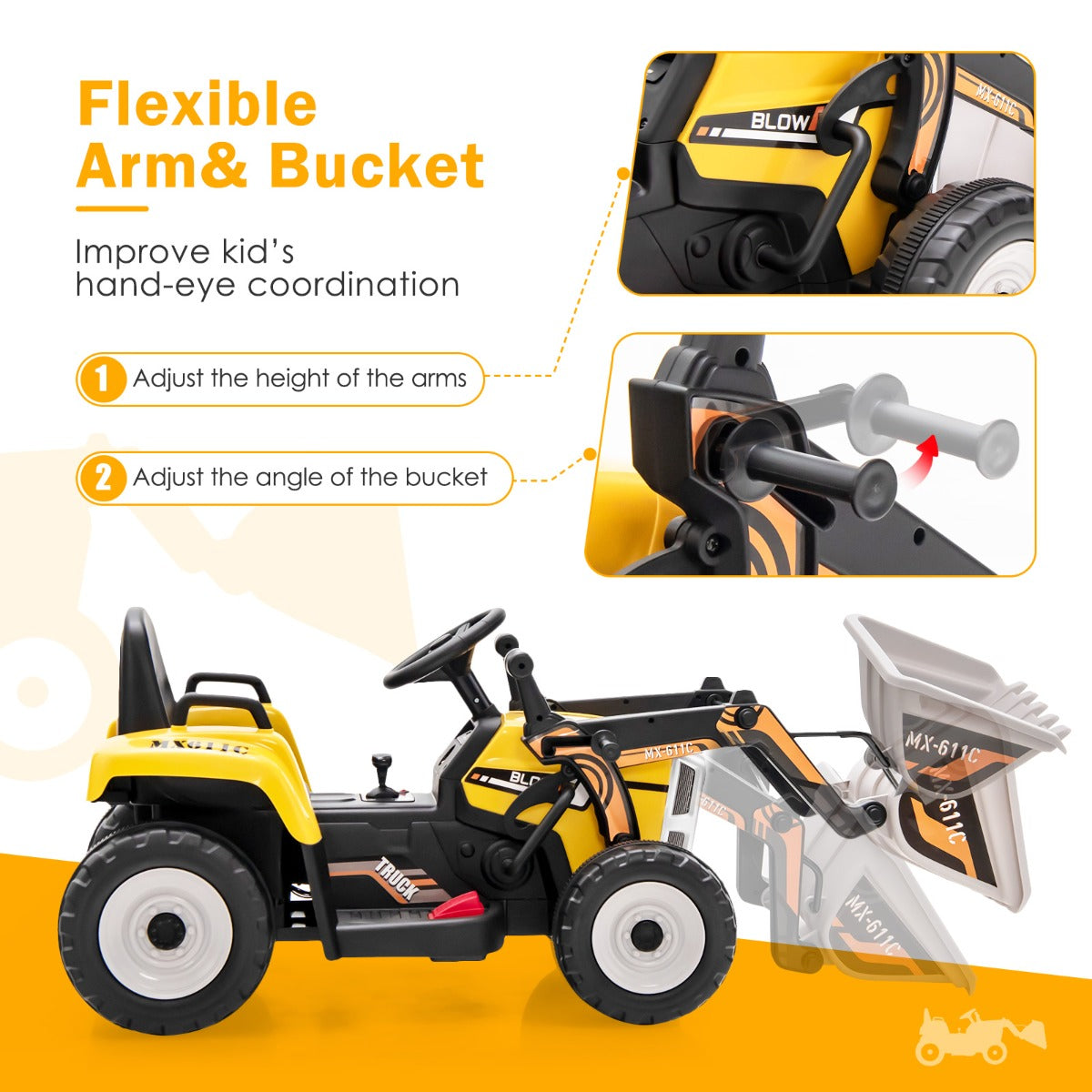 12V Kids Ride on Excavator with Adjustable Arm and Bucket-Yellow