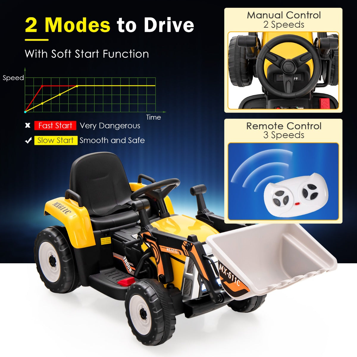 12V Kids Ride on Excavator with Adjustable Arm and Bucket-Yellow