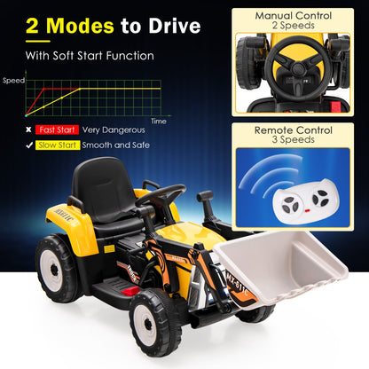 12V Kids Ride on Excavator with Adjustable Arm and Bucket-Yellow