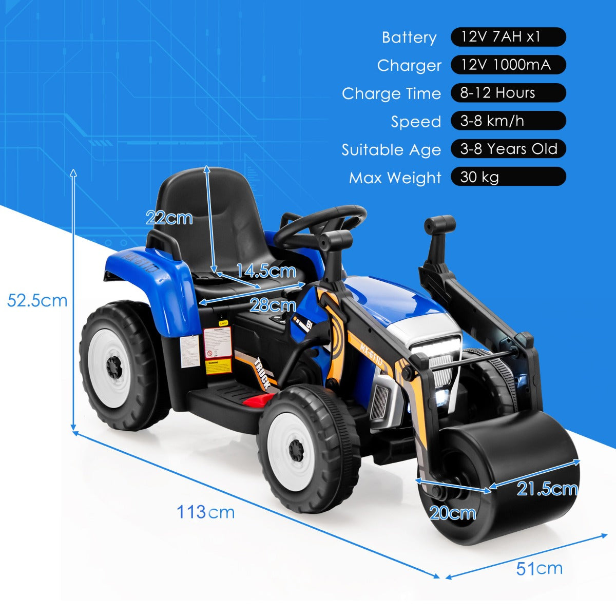 12V Kids Ride on Road Roller with 2.4G Remote Control &amp; LED Lights-Blue