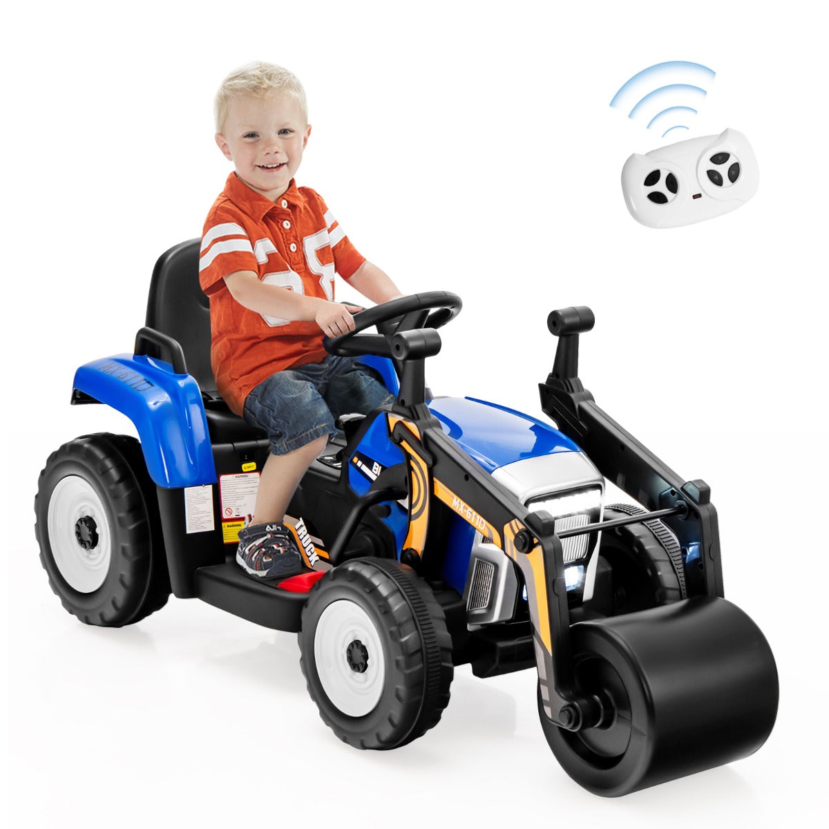 12V Kids Ride on Road Roller with 2.4G Remote Control &amp; LED Lights-Blue