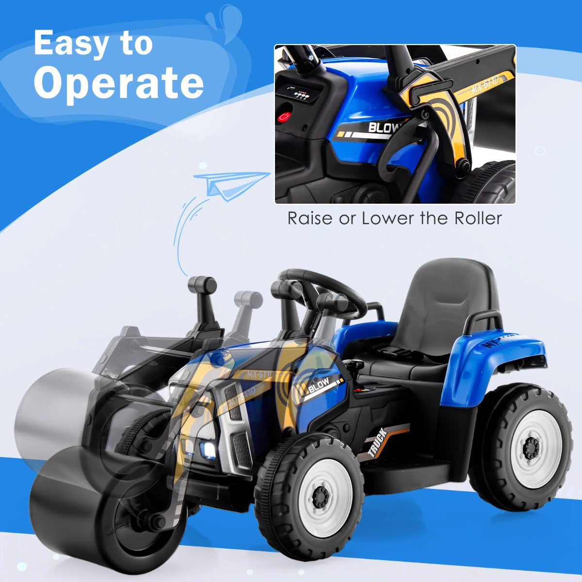 12V Kids Ride on Road Roller with 2.4G Remote Control &amp; LED Lights-Blue