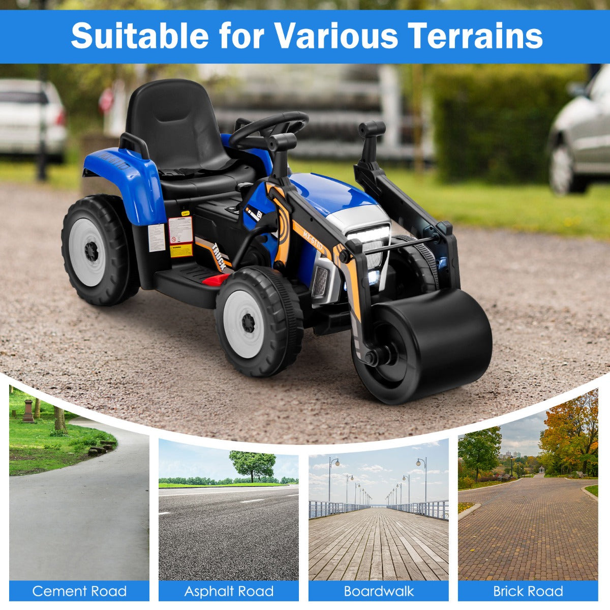 12V Kids Ride on Road Roller with 2.4G Remote Control &amp; LED Lights-Blue