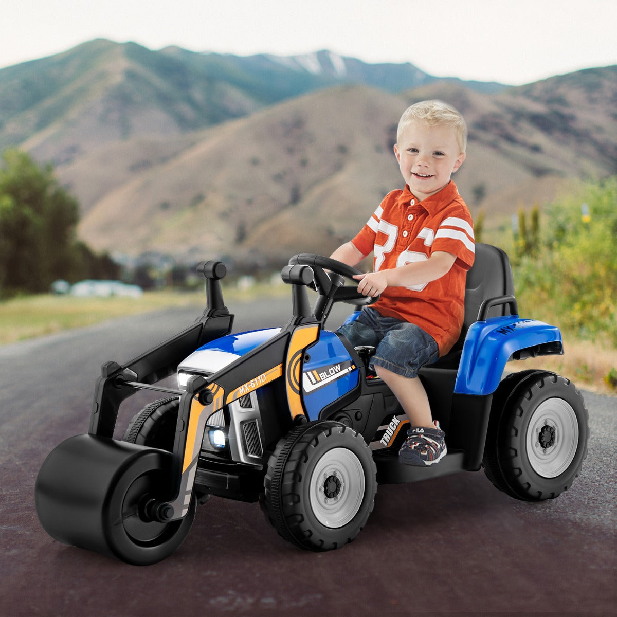 12V Kids Ride on Road Roller with 2.4G Remote Control &amp; LED Lights-Blue
