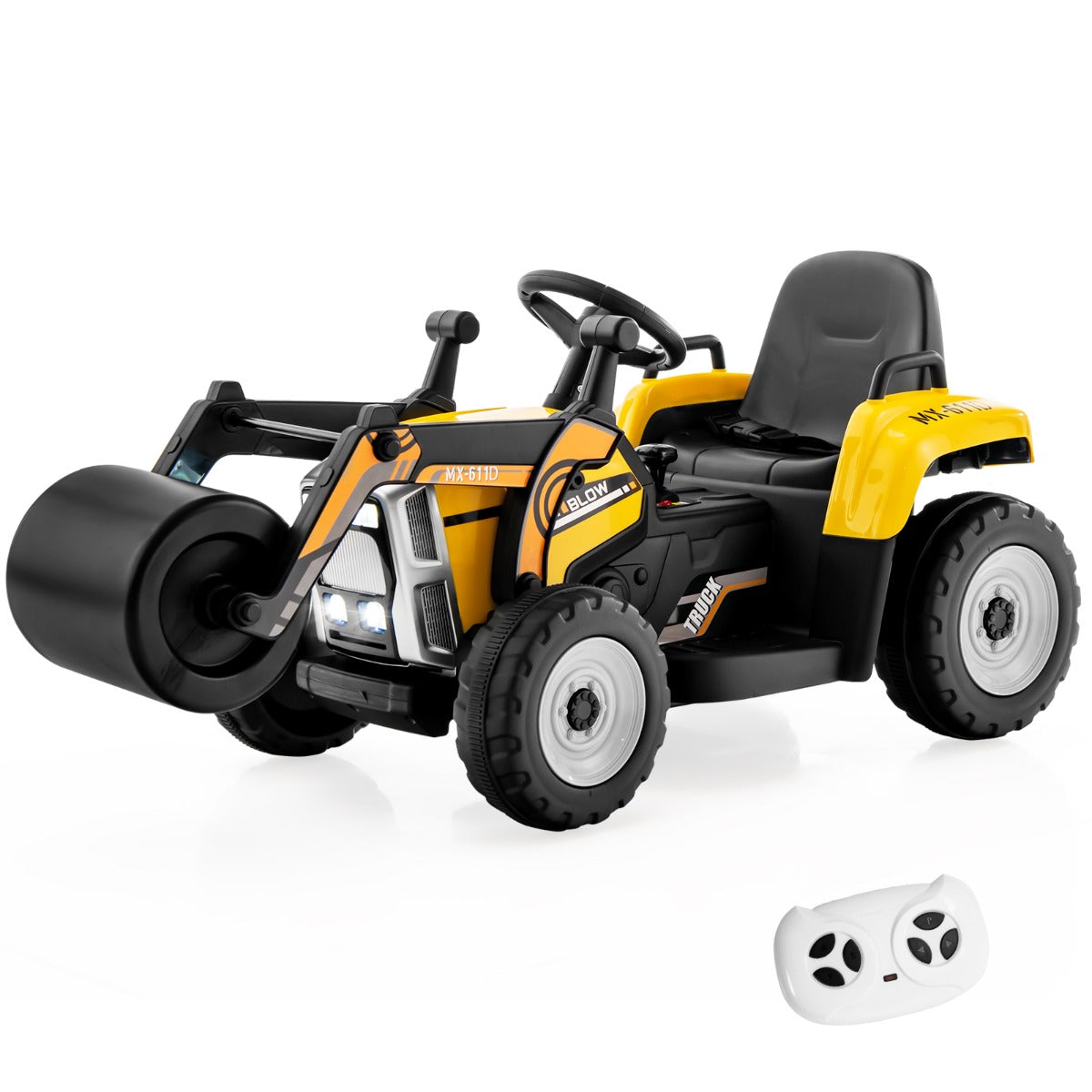 12V Kids Ride on Road Roller with 2.4G Remote Control &amp; LED Lights-Yellow
