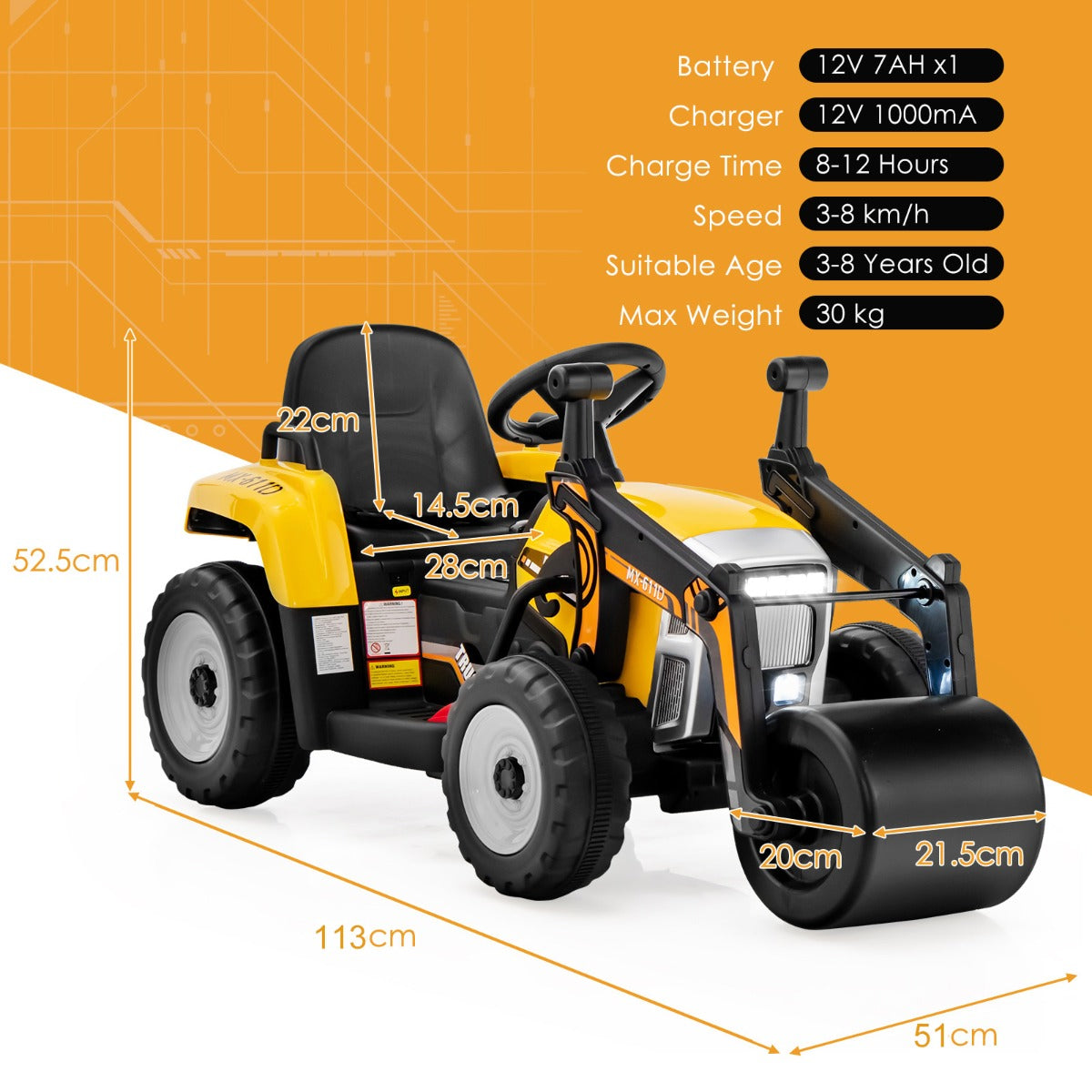 12V Kids Ride on Road Roller with 2.4G Remote Control &amp; LED Lights-Yellow