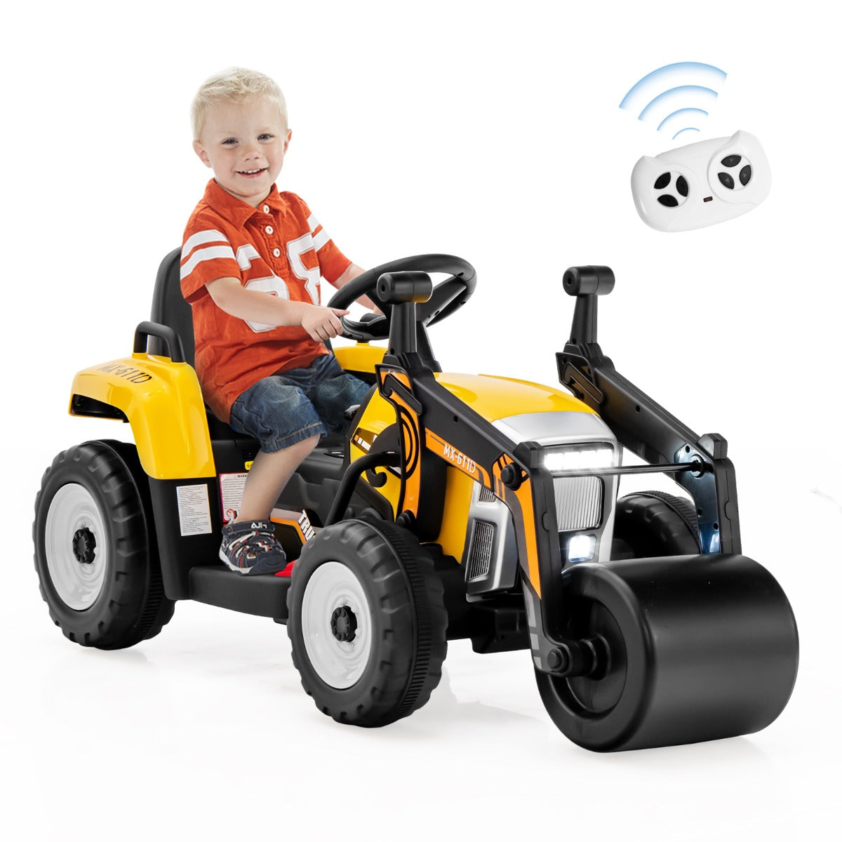 12V Kids Ride on Road Roller with 2.4G Remote Control &amp; LED Lights-Yellow