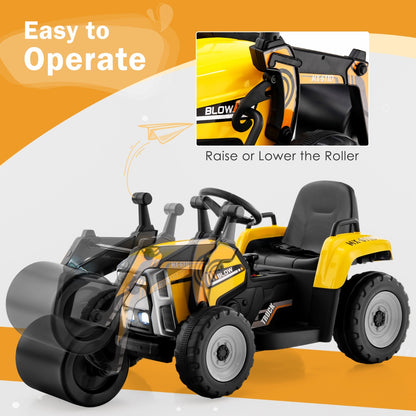 12V Kids Ride on Road Roller with 2.4G Remote Control &amp; LED Lights-Yellow