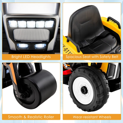 12V Kids Ride on Road Roller with 2.4G Remote Control &amp; LED Lights-Yellow