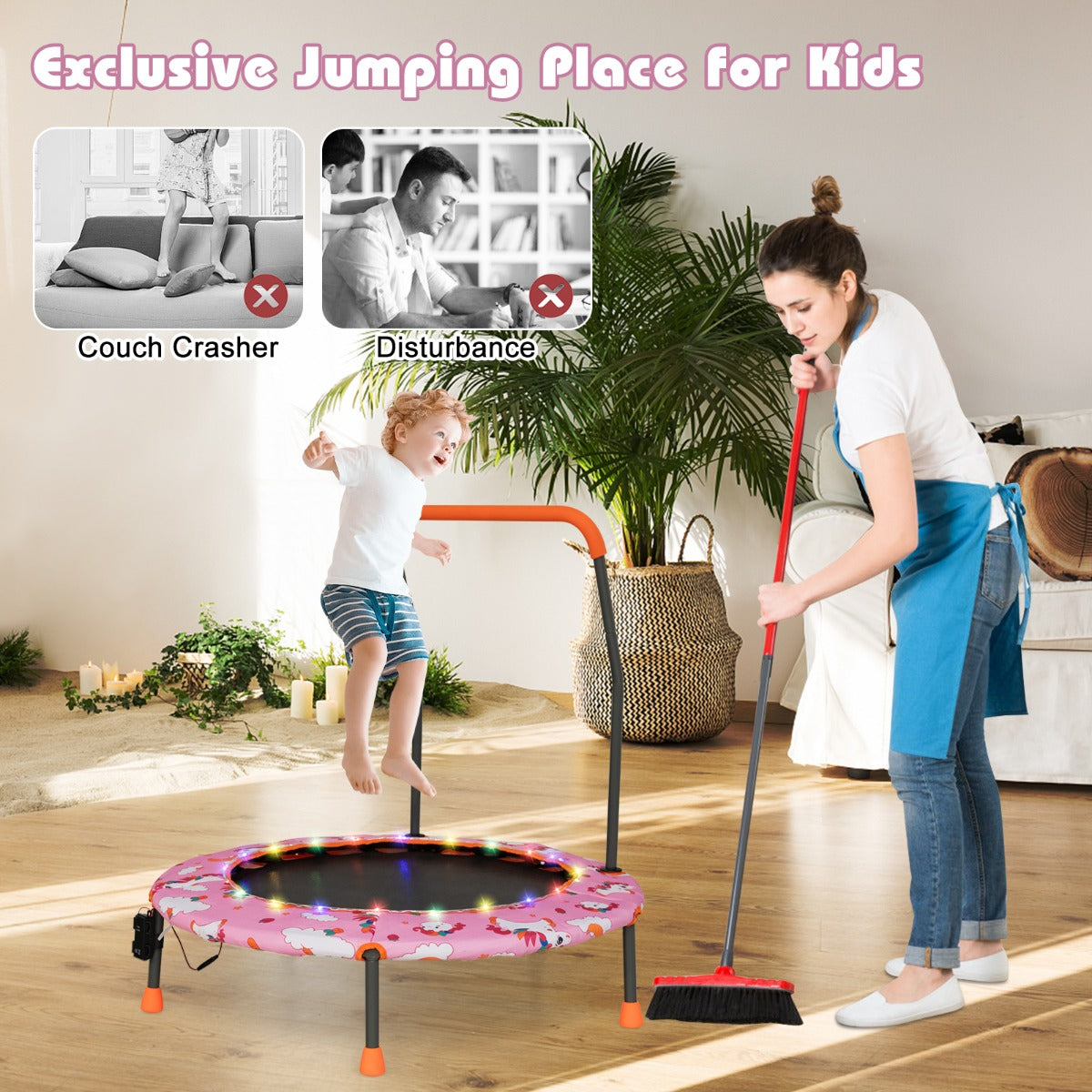 Toddler Music Trampoline with Colorful LED Lights for Kids-Pink