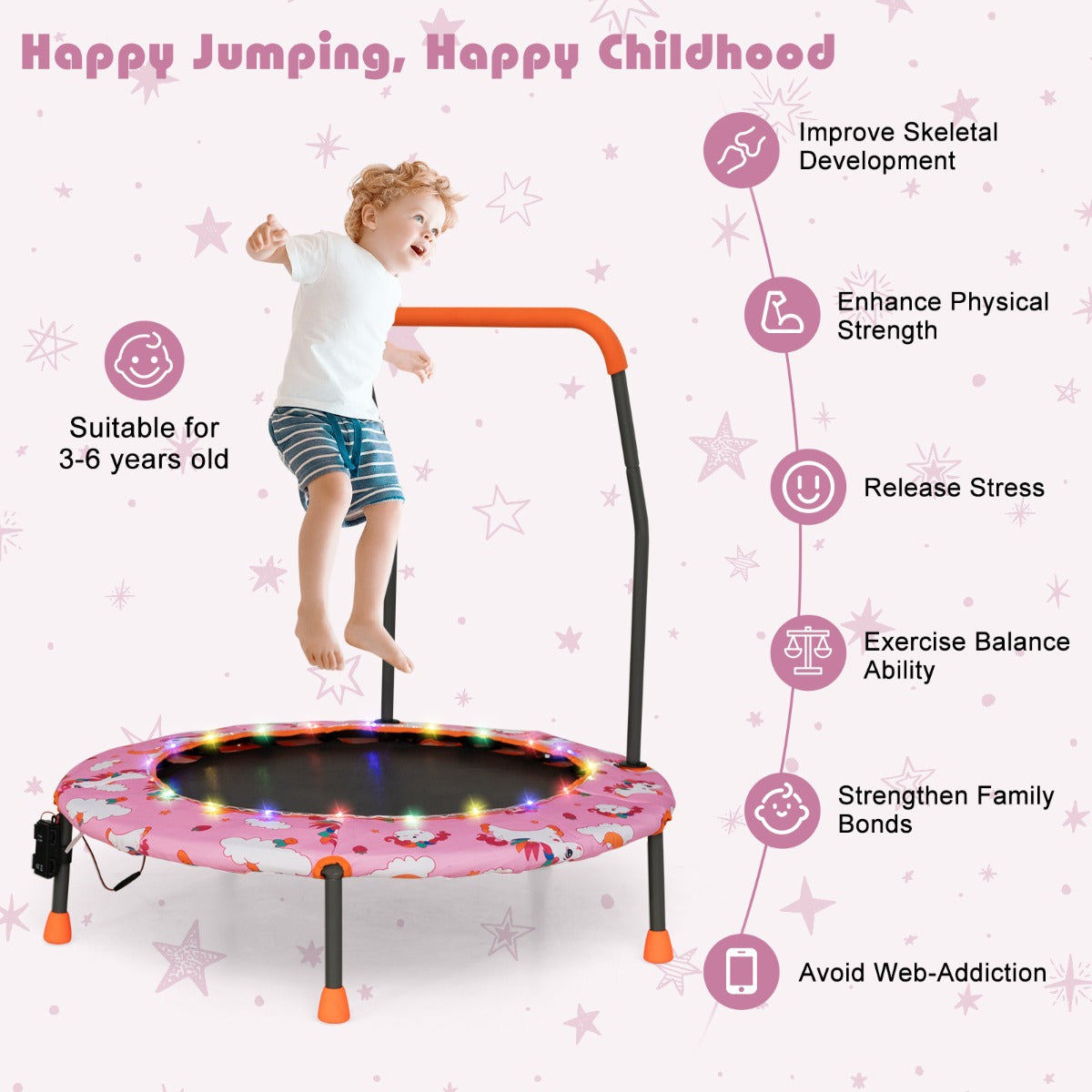 Toddler Music Trampoline with Colorful LED Lights for Kids-Pink