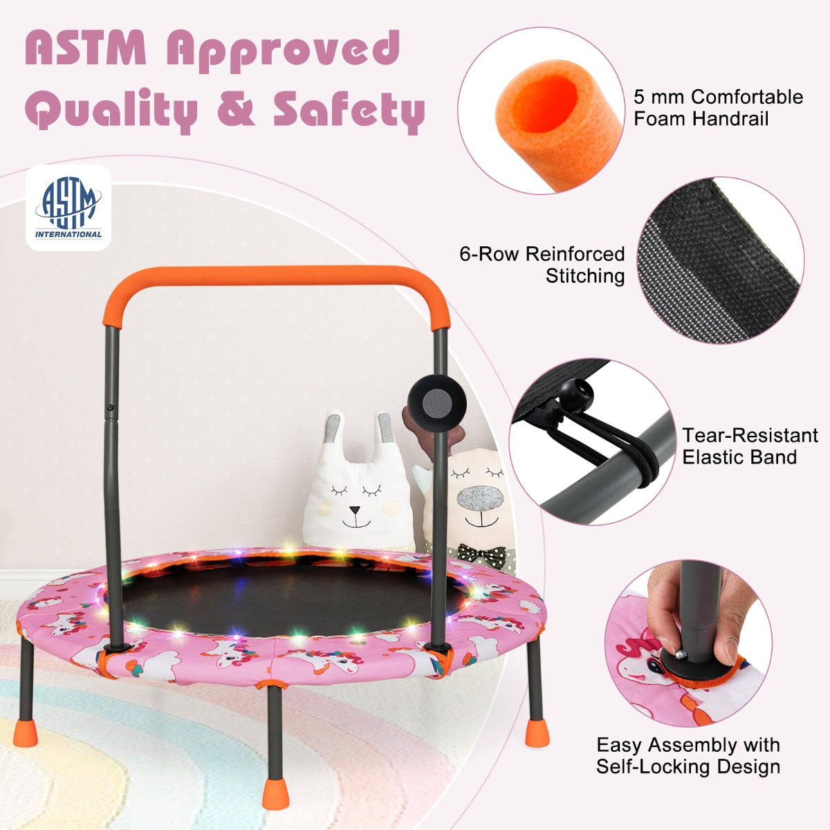 Toddler Music Trampoline with Colorful LED Lights for Kids-Pink