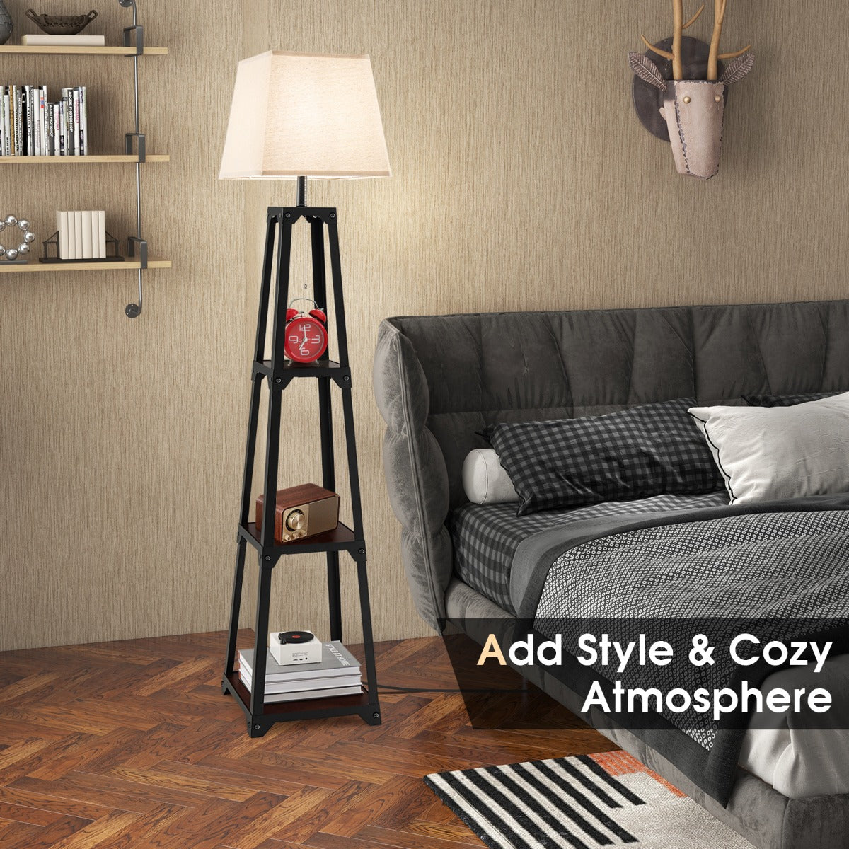 Costway Trapezoidal Designed Floor Lamp with Linen Shade-Black