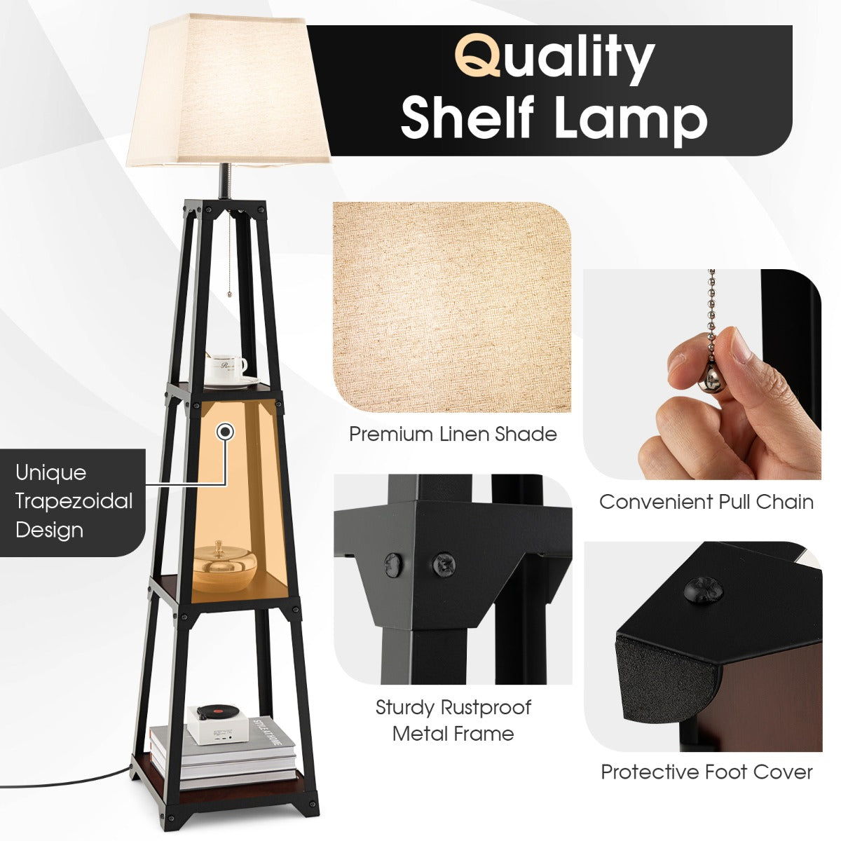 Costway Trapezoidal Designed Floor Lamp with Linen Shade-Black