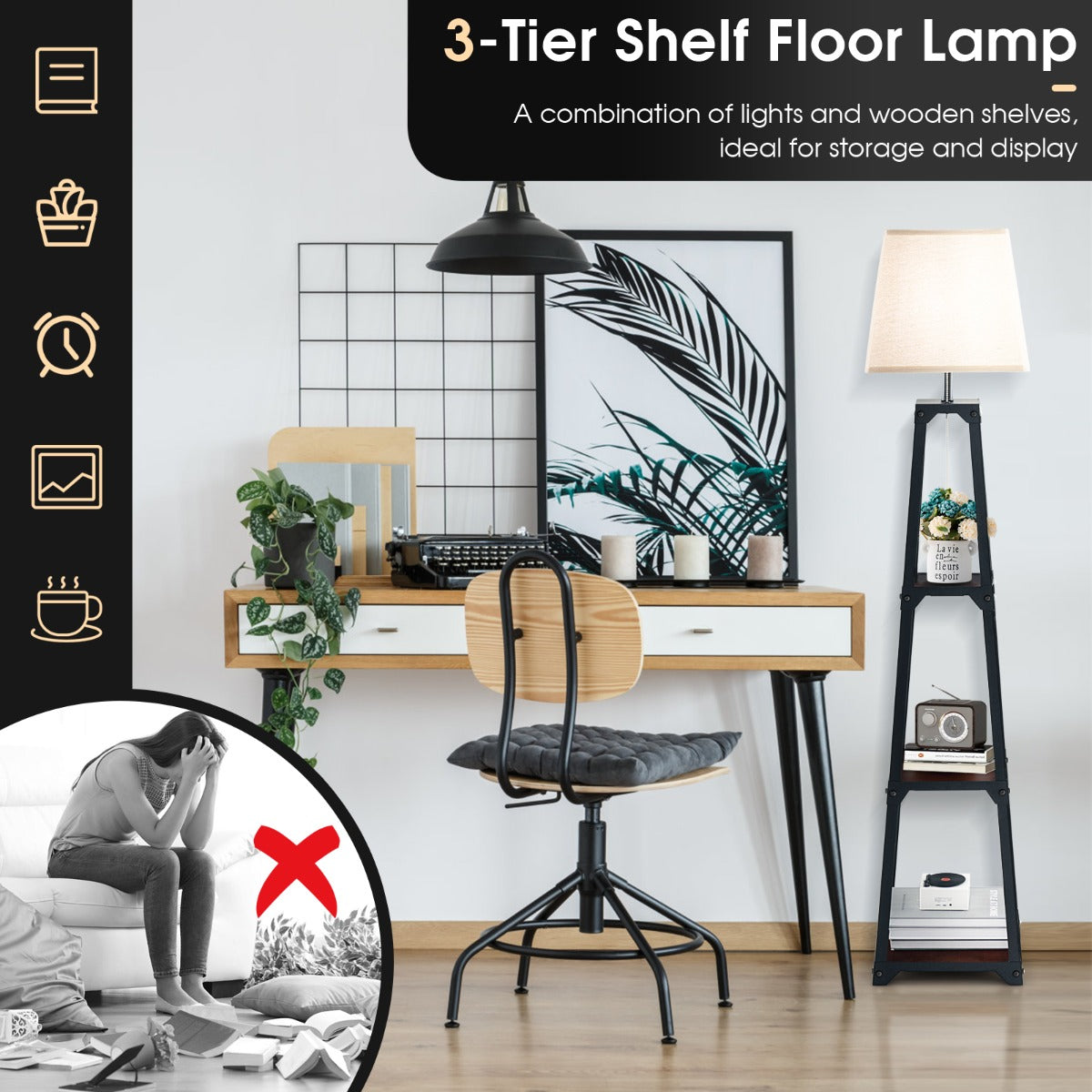 Modern Black Floor Lamp with 3-Tier Shelves and Linen Shade, 1.58m Tall
