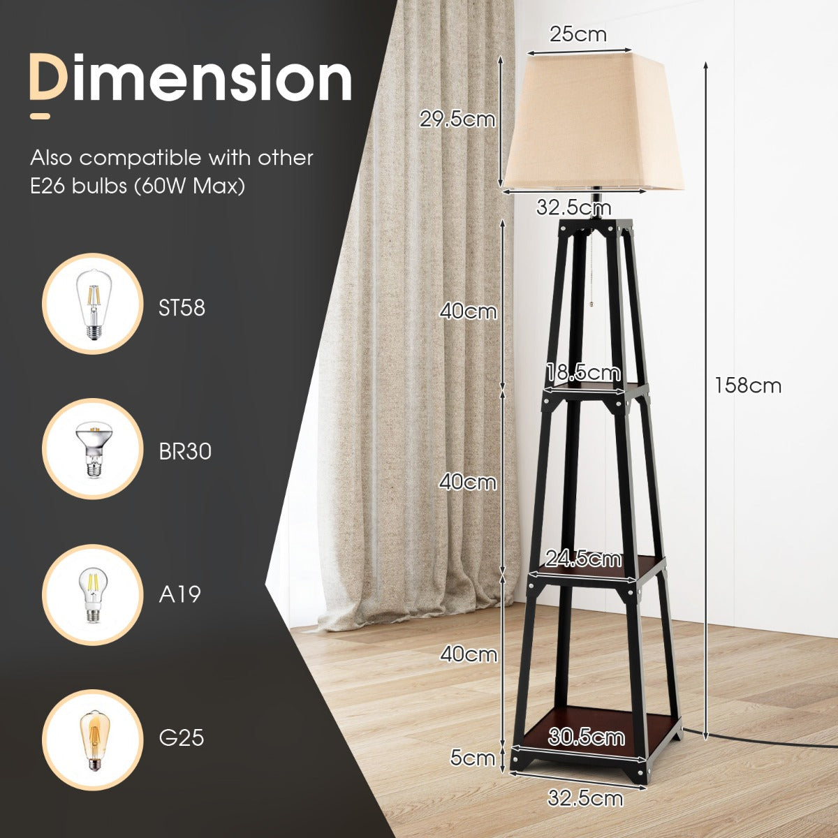 Costway Trapezoidal Designed Floor Lamp with Linen Shade-Black