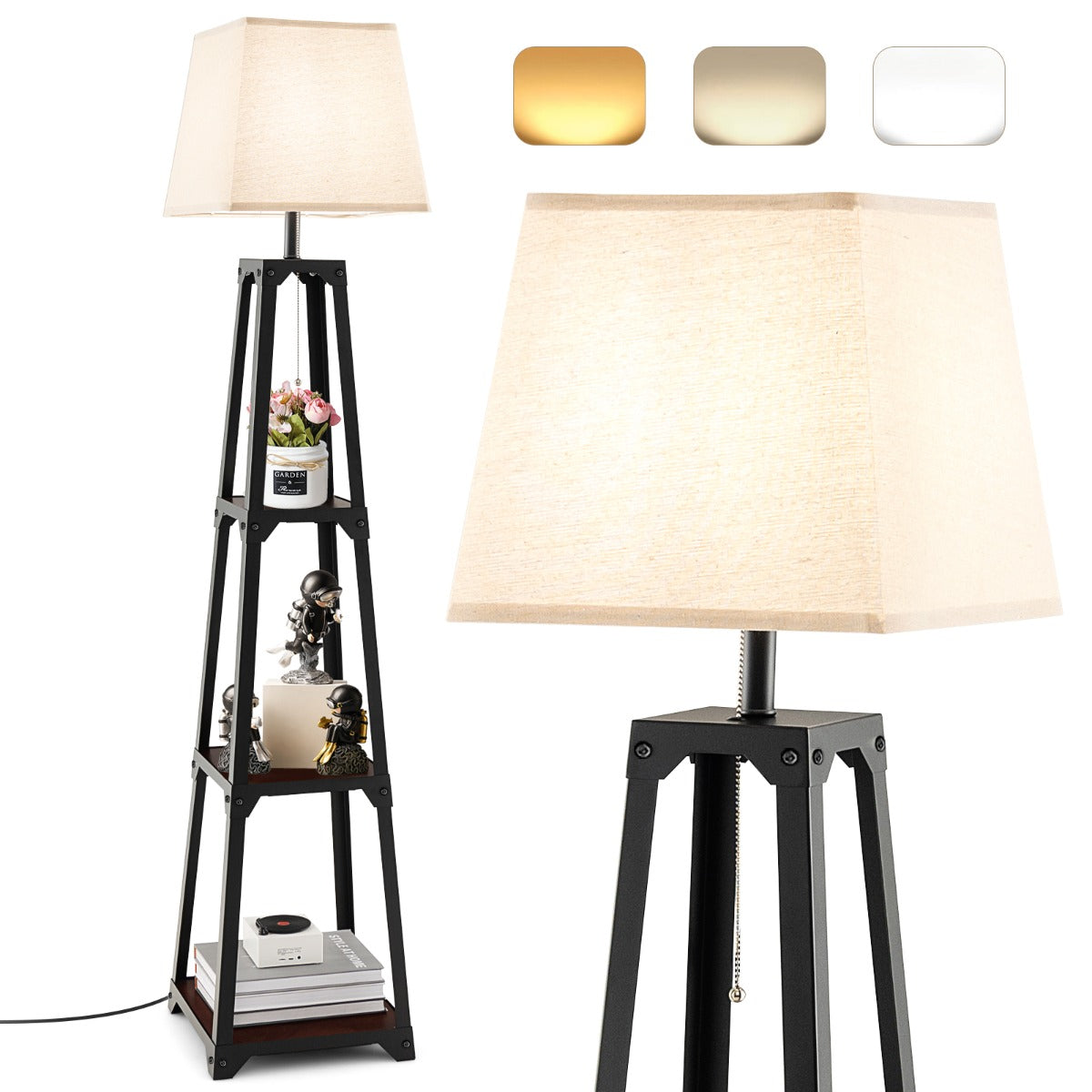 Costway Trapezoidal Designed Floor Lamp with Linen Shade-Black