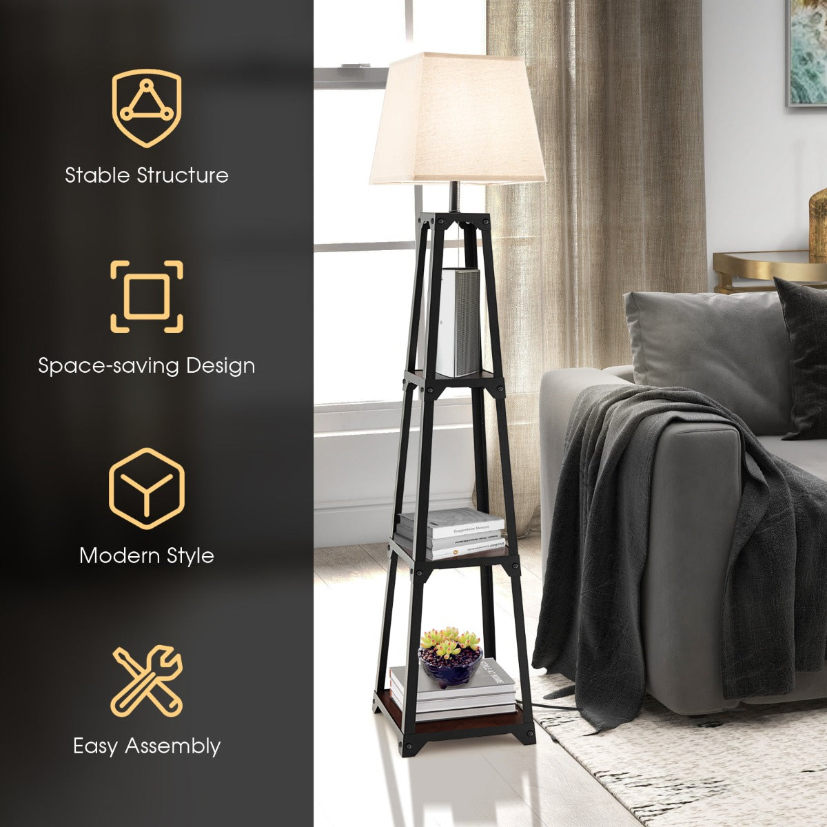 Costway Trapezoidal Designed Floor Lamp with Linen Shade-Black