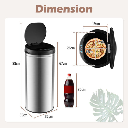 Touchless 30-liter trash can opens automatically when motion is detected within 15 cm for hygienic disposal
