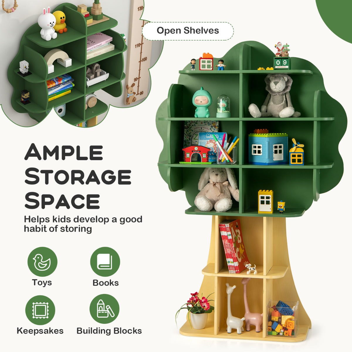 Kids Toy Storage Organizer with Open Storage Shelves and Anti-Toppling System-Green