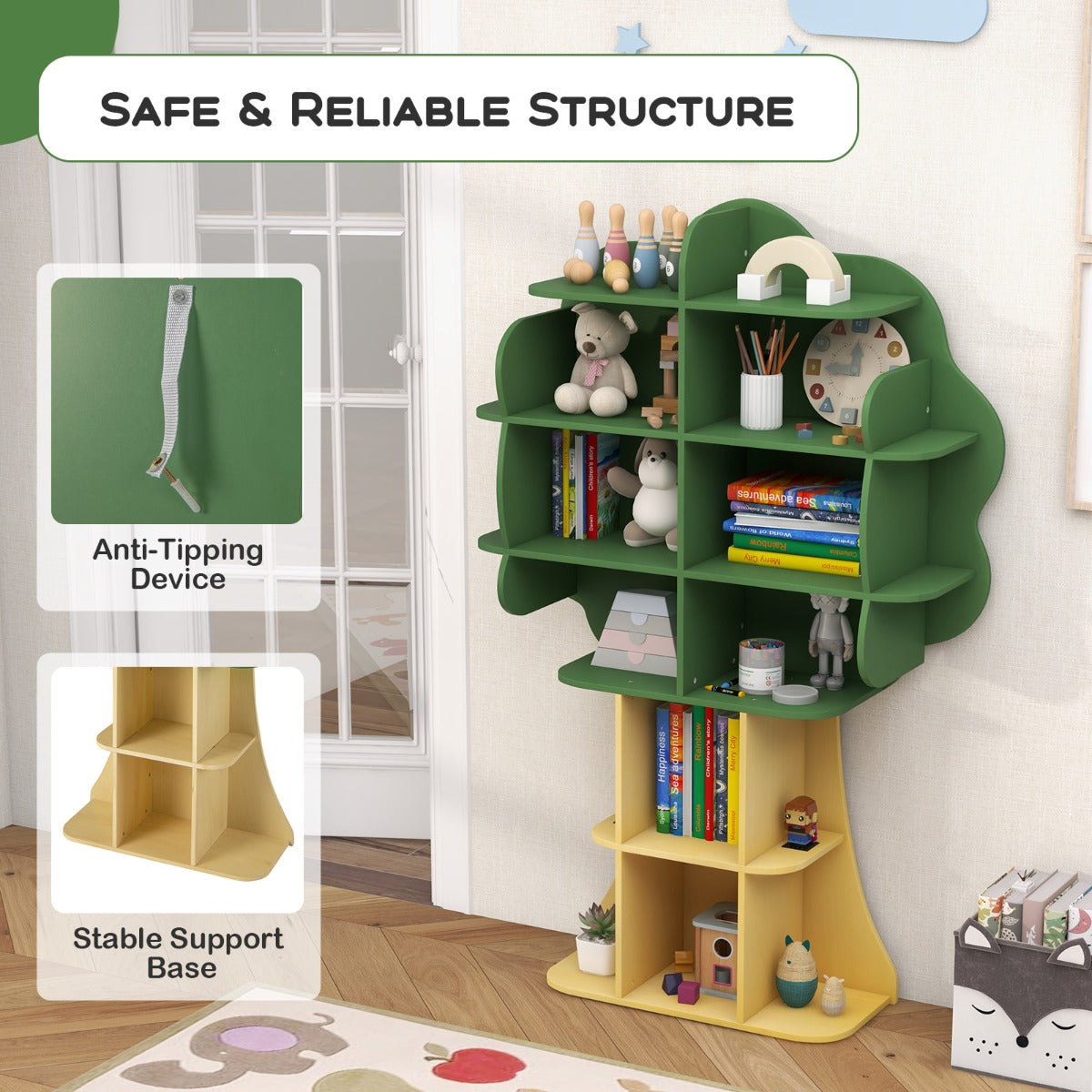 Kids Toy Storage Organizer with Open Storage Shelves and Anti-Toppling System-Green