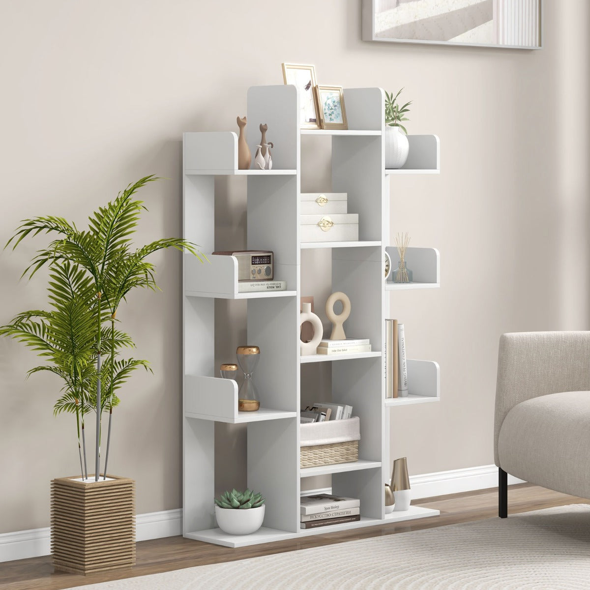 Tree Bookshelf with 13 Open Shelves for Living Room Study or Office-White