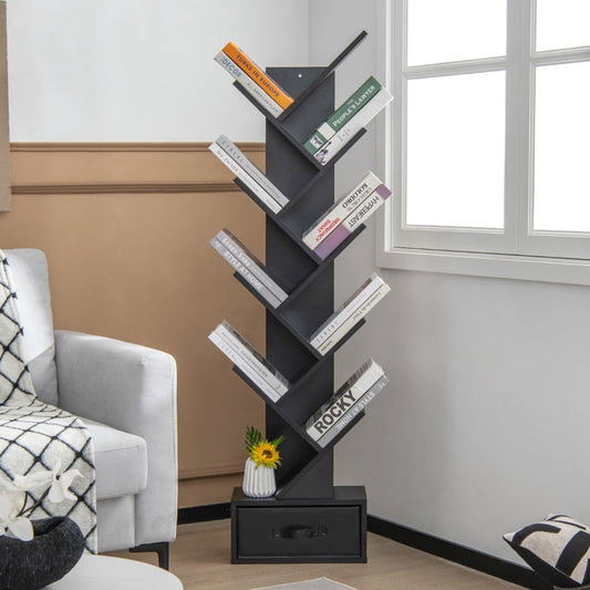 Costway 10-Tier Tree Bookcase with Drawer for Storage-Black