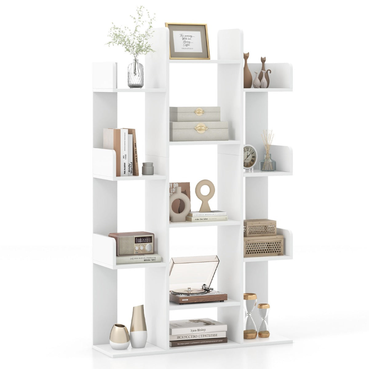 Tree Bookshelf with 13 Open Shelves for Living Room Study or Office-White