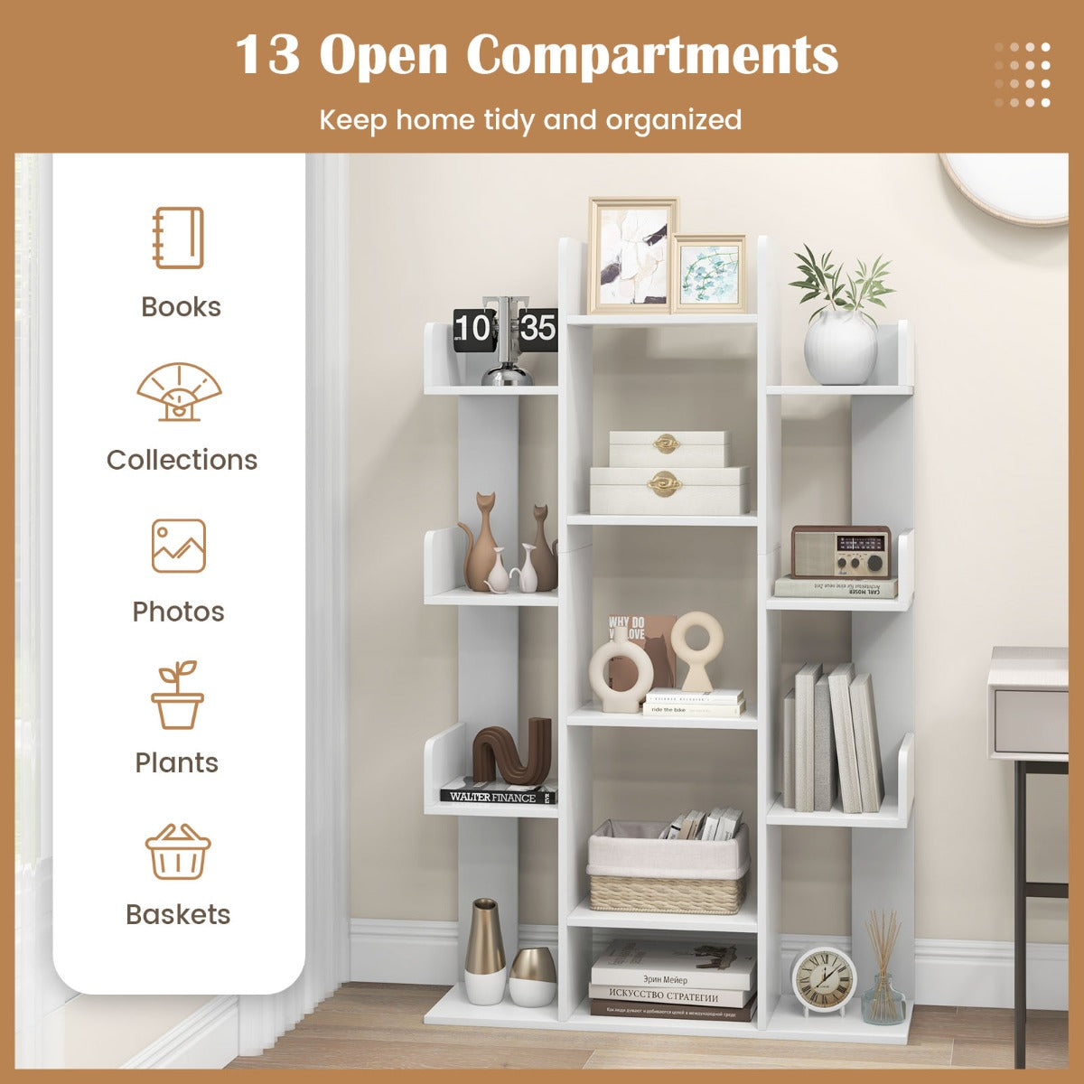 Tree Bookshelf with 13 Open Shelves for Living Room Study or Office-White