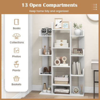 Tree Bookshelf with 13 Open Shelves for Living Room Study or Office-White