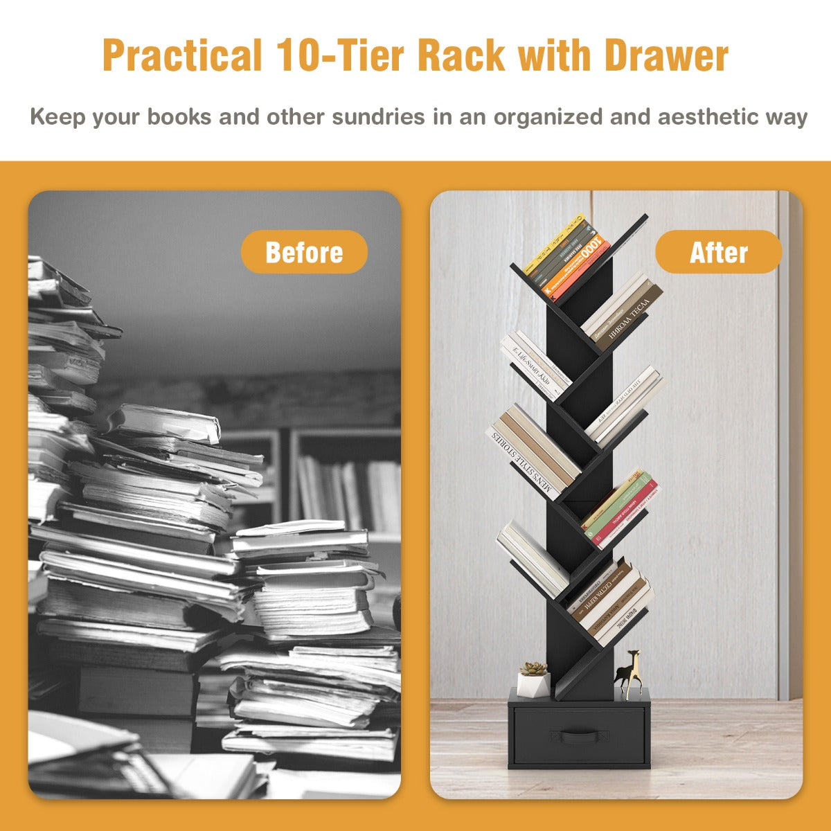 10-Tier Tree-Shaped Bookcase with Drawer, 1.5m Tall, Black