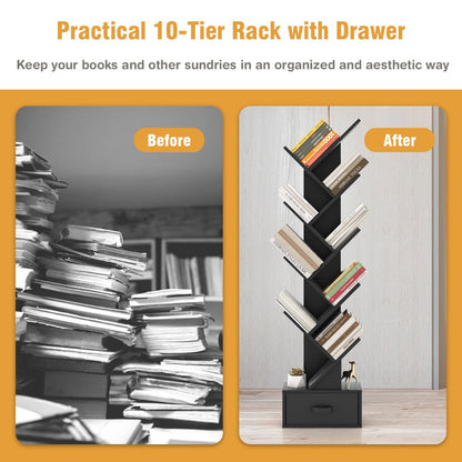 10-Tier Tree-Shaped Bookcase with Drawer, 1.5m Tall, Black