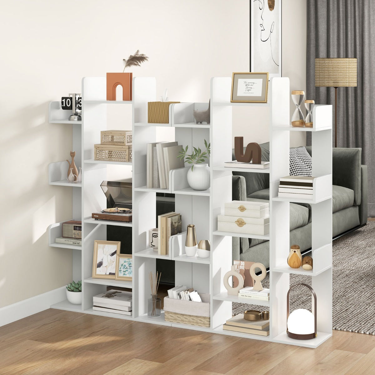 Tree Bookshelf with 13 Open Shelves for Living Room Study or Office-White
