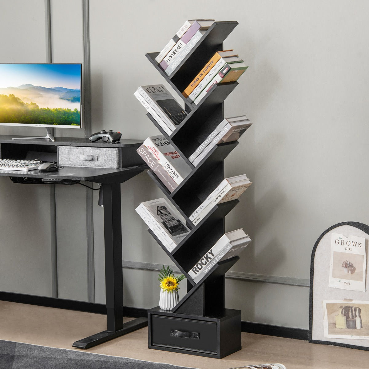 10-Tier Tree-Shaped Bookcase with Drawer, 1.5m Tall, Black
